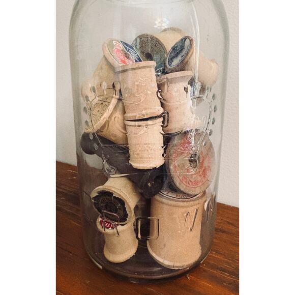 Set of 3 Antique Mason Jars with Vintage Wooden Spools - Picture 3 of 7
